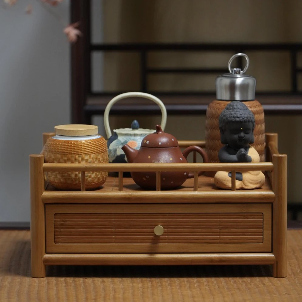 「锦瑟」桌面精品高山楠竹手工壶杯带抽屉博古壶杯收纳架中式简约