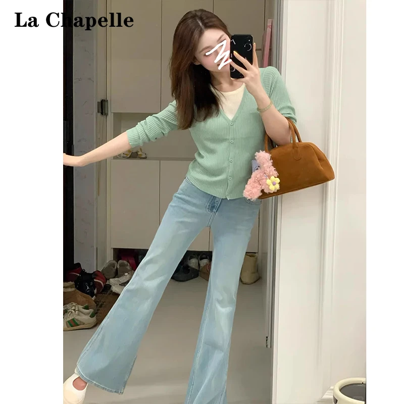 拉夏贝尔欧若风水洗蓝高腰微喇牛仔裤女2025春季修身显瘦喇叭裤子