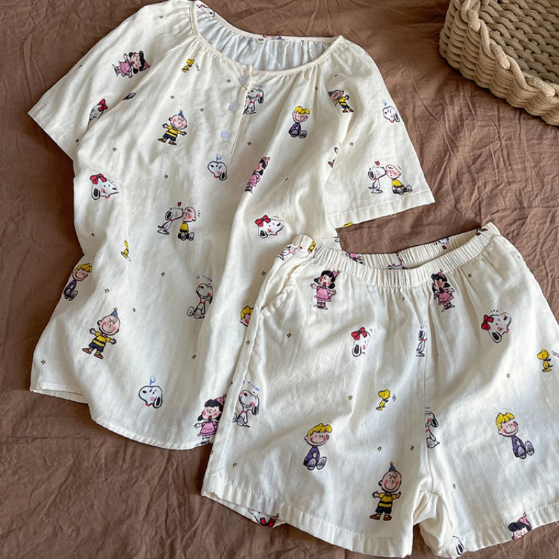 2025年日系卡通史比努印花短袖睡衣女夏季大码短裤可爱居家服女生