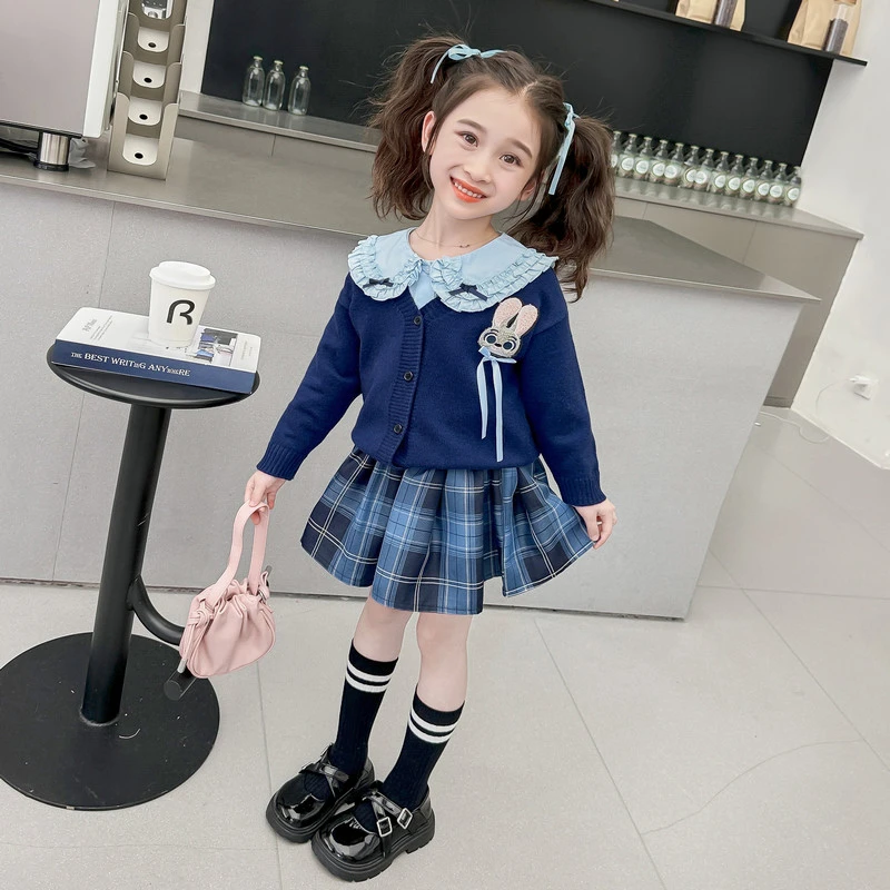 女童jk学院风套装春秋新款兔子警官针织外套格子百褶裙三件套秋装