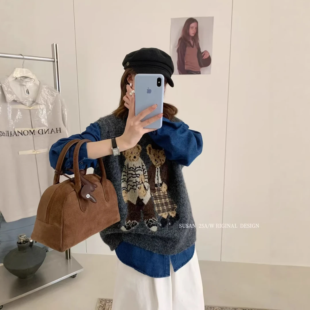 苏珊韩版可爱卡通小熊提花毛衣女2025新款套头两件套上衣2350S