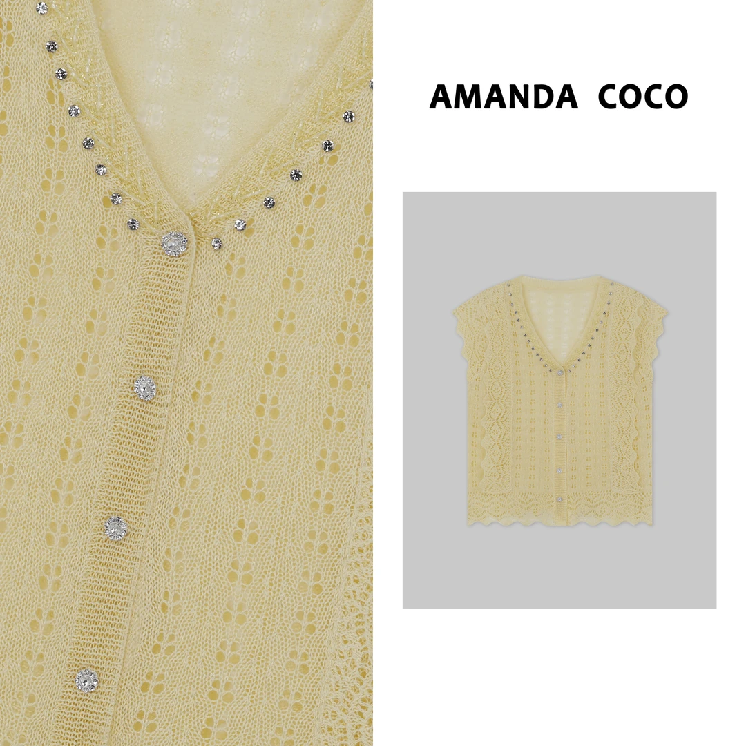 AMANDACOCO  | 钉钻镂空钩花减龄v领小飞袖针织衫
