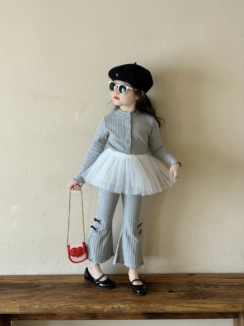 儿童韩版针织套装2025春秋新款女童宝宝休闲蝴蝶结长袖开衫套装