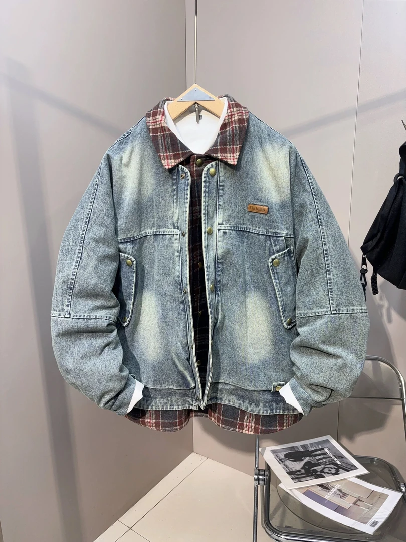 【26382】冬季潮牌拼接牛仔假两件羽绒服美式水洗做旧26382*BY