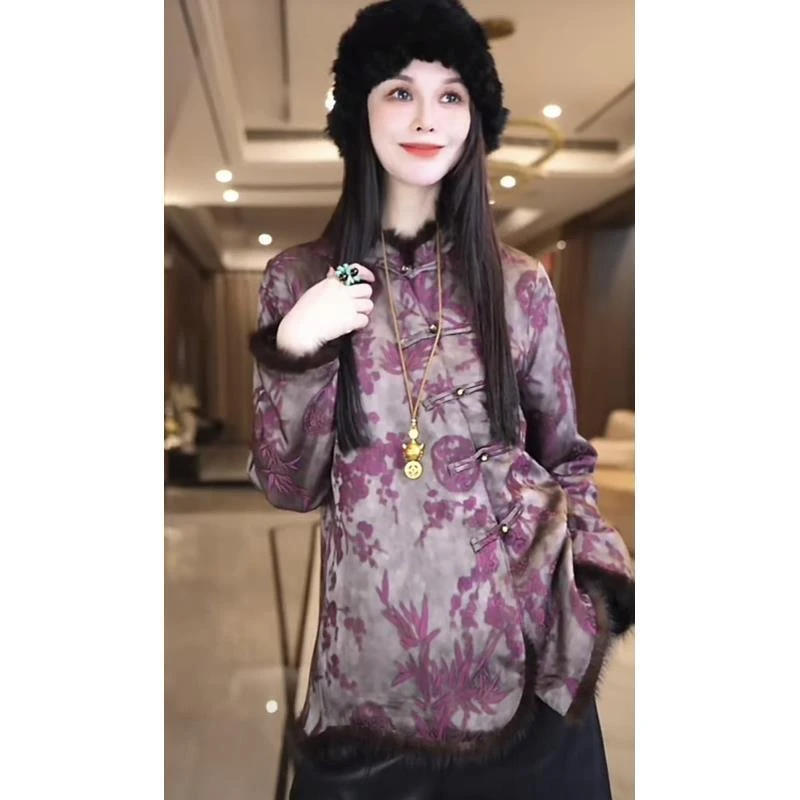 飞儿【竹梅花上衣-灰】2025早秋新款水貂毛拼接衬衫上衣