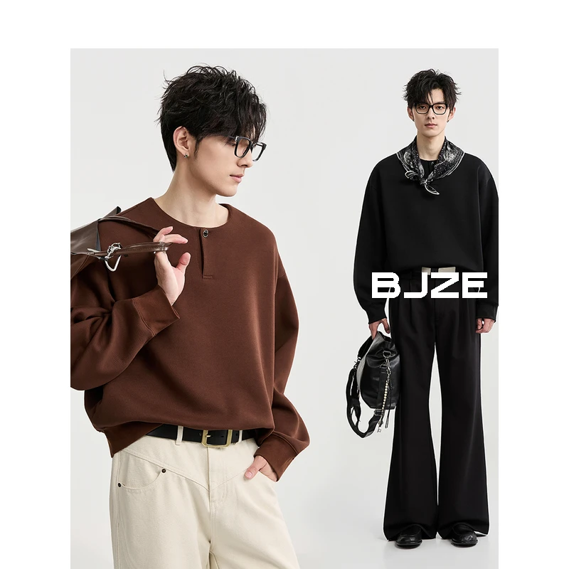 BJZE男装秋季新款套头卫衣亨利领简约宽松棉感长袖T恤男生N531387