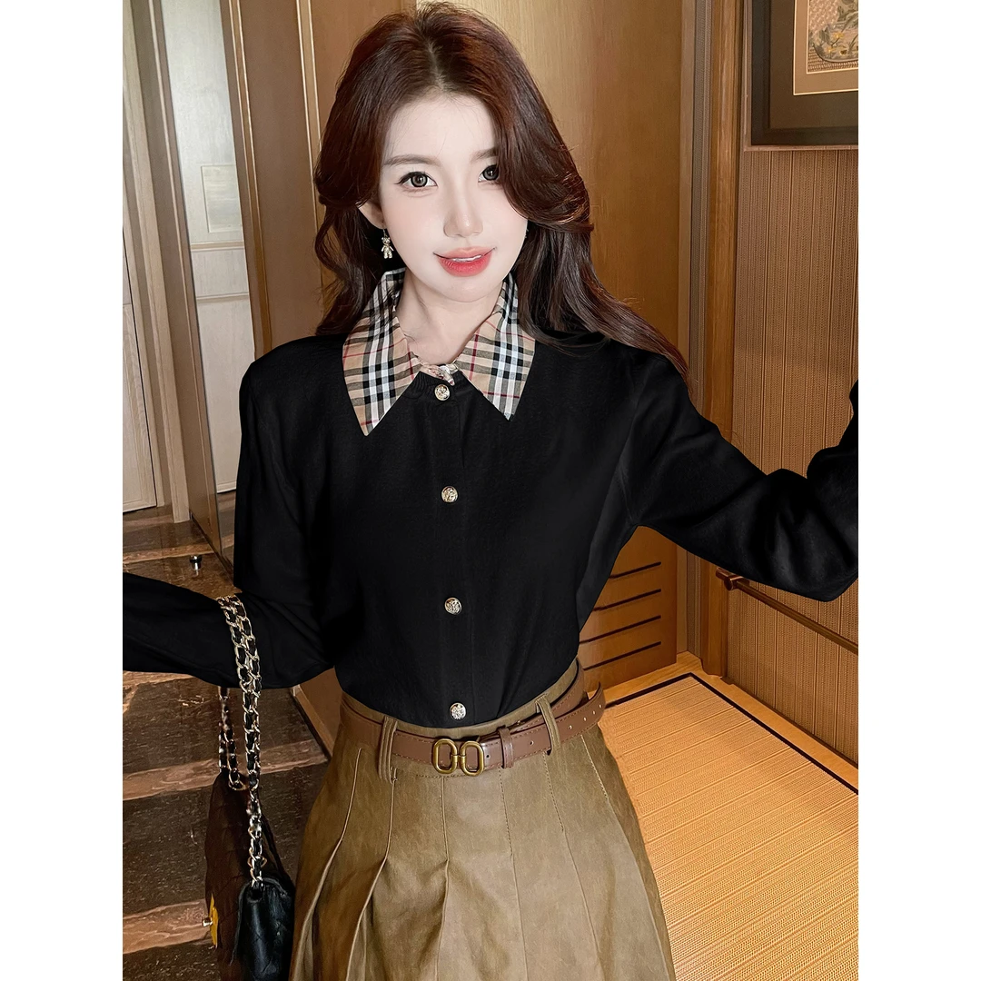 秋冬新款设计感假两件格纹拼接毛衣开衫显瘦外穿上衣内搭女时尚