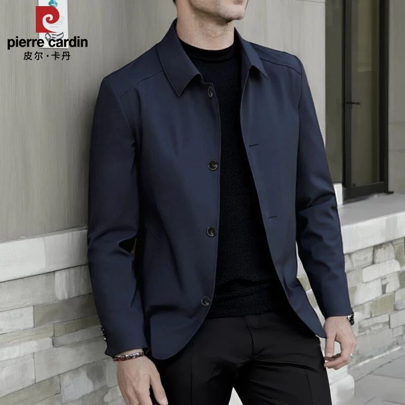 皮尔卡丹翻领薄款春秋男款翻领夹克圆下摆中年爸爸休闲纽扣外套男