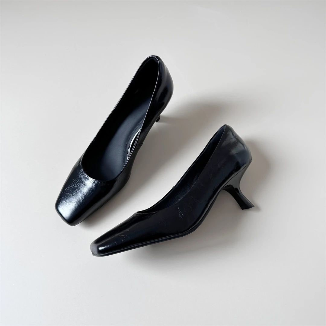 怀鸢小众设计！法式复古豹纹马毛方头真皮浅口中跟细跟单鞋女春