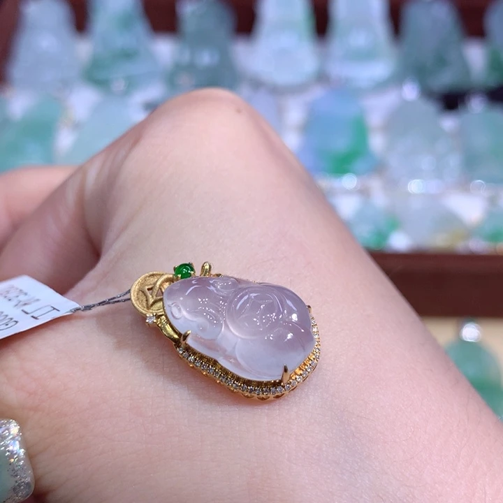 翡翠18K金镶嵌吊坠(不含链)鼠来宝（金钱鼠）