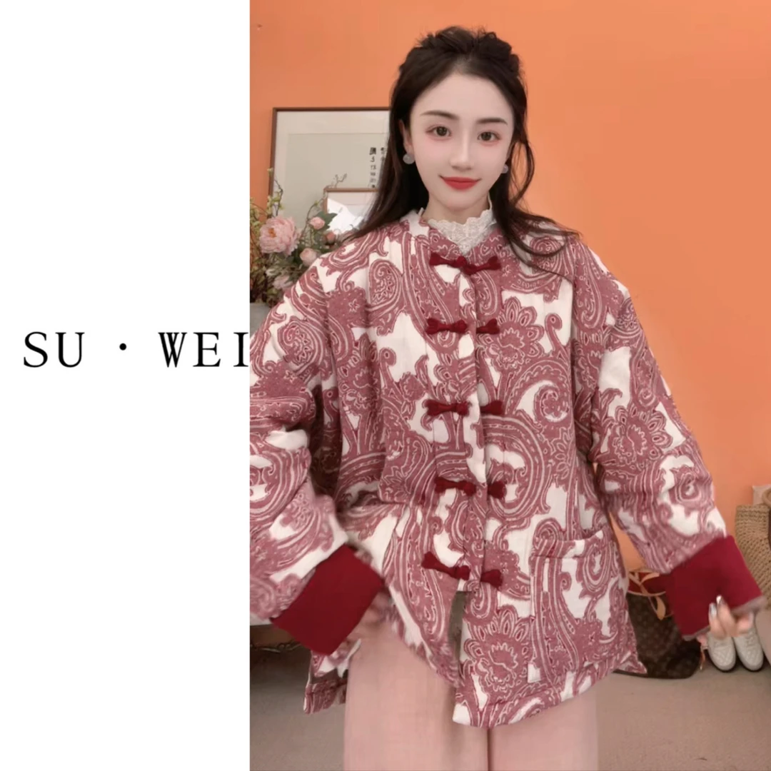 8176【手绘棉袄】新中式手工盘扣冬季保暖撞色厚棉服外套
