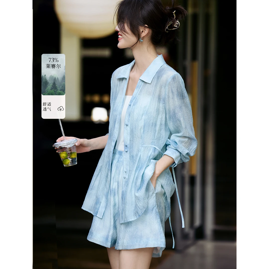 XWI/欣未海边度假风晕染印花套装2025春季优雅收腰衬衫短裤套装女