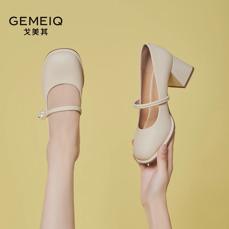 粗跟修面皮单鞋仙女风白色复古玛丽珍鞋夏季皮鞋女鞋A02