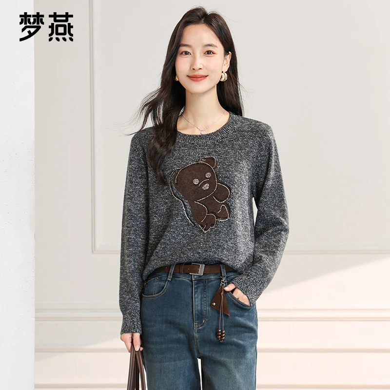 梦燕秋冬女款休闲时尚圆领针织衫宽松舒适印花打底上衣CC02B5009