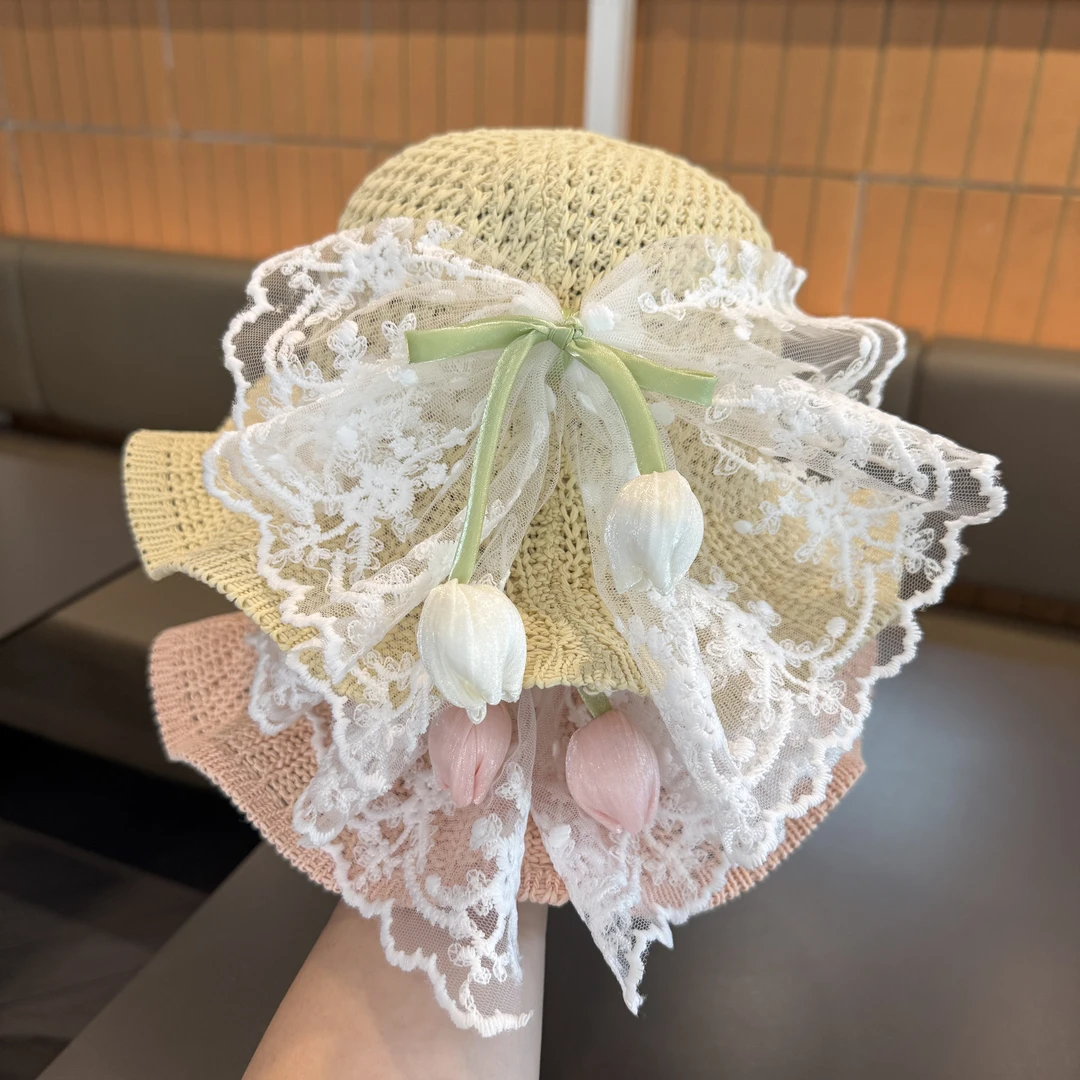 【拍照出片】女童夏季草帽儿童遮阳防晒帽子蕾丝蝴蝶结女宝宝沙滩帽