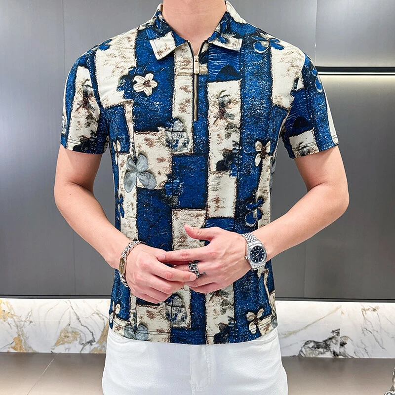 短袖夏季薄款翻领印花衬衫时尚休闲修身百搭潮流个性拉链t恤男款