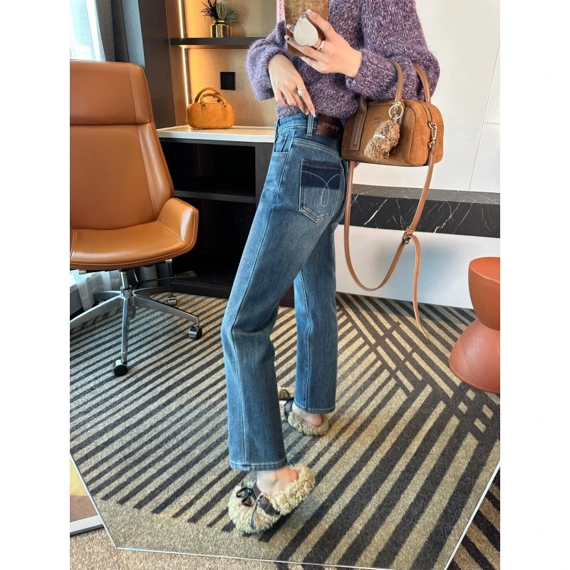 大码冬季款遮肉显瘦女牛仔裤梨形身材撞色口袋弹力百搭九分直筒裤