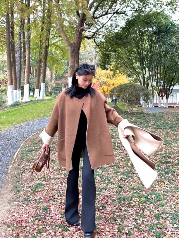 2024新款围巾款双面绵羊毛大衣女短休闲高级感小众设计羊毛外套