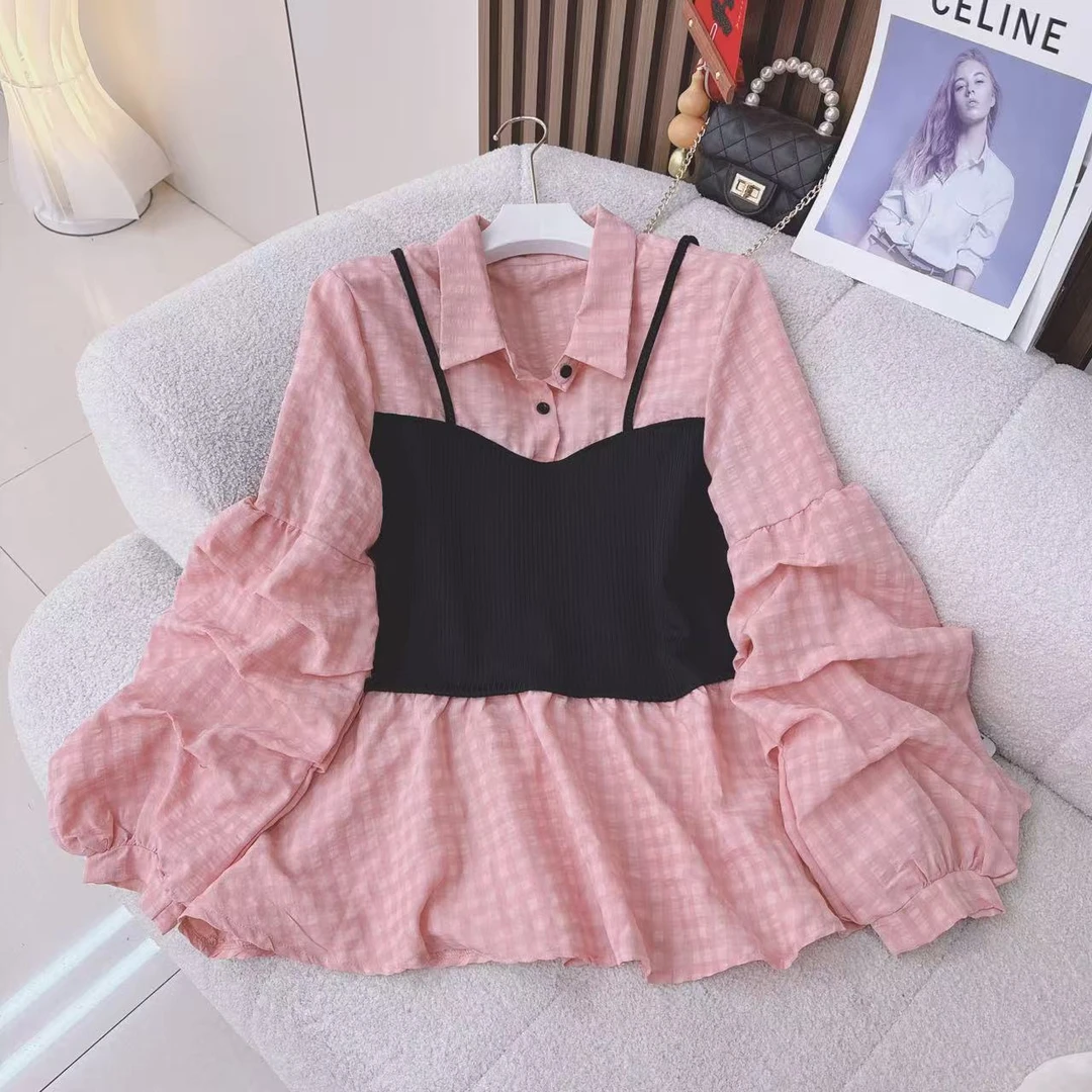 2025新款减龄假两件衬衫春季上衣女胖妹妹显瘦设计感小众百搭衬衣