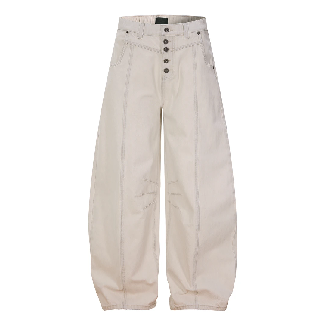 Syri 美式复古单排扣设计纯色阔腿牛仔裤男宽松解构休闲弯刀裤朝