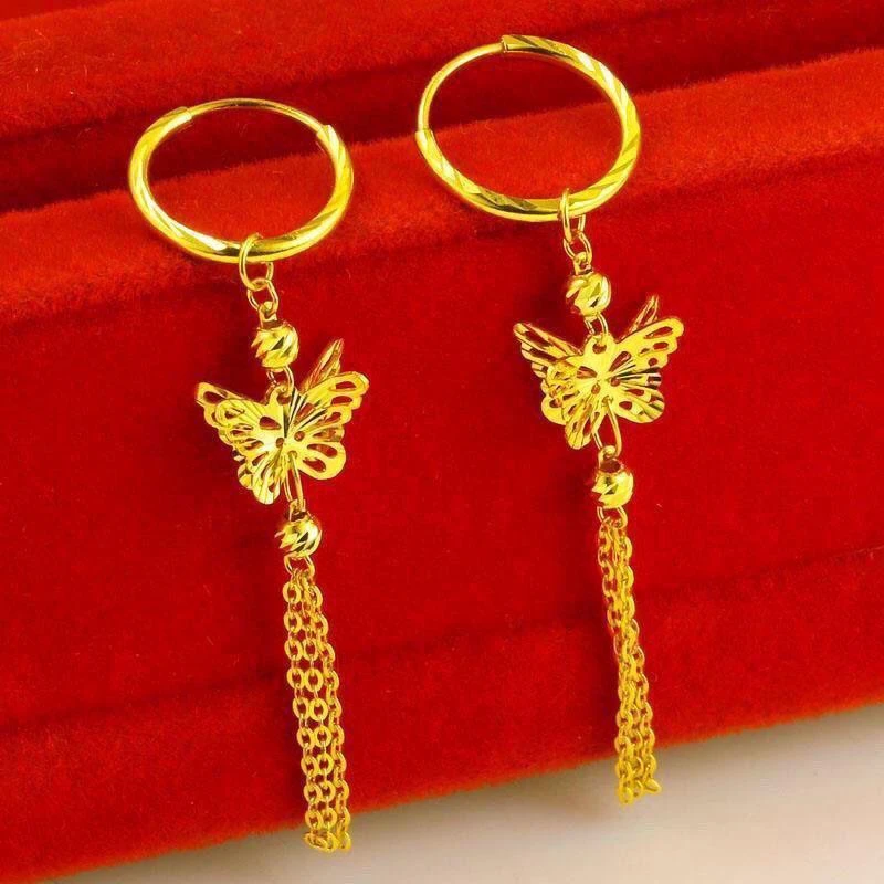 官方正品金色24k耳饰9999黄金色蝴蝶耳线女款长款流苏耳饰气质