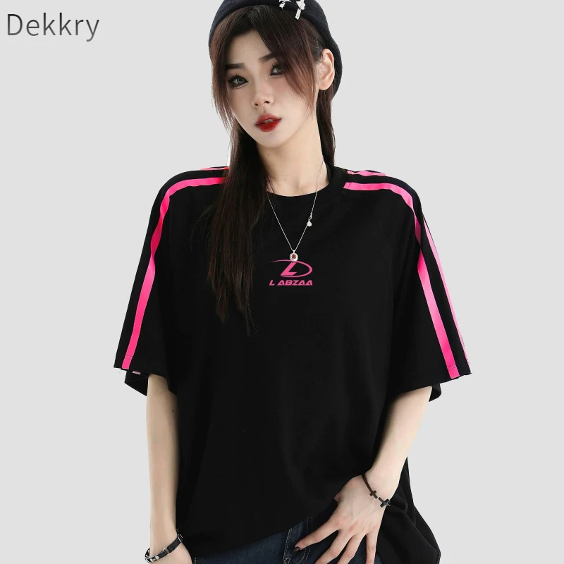 Dekkry印花短袖拼接通用T恤潮流休闲运动撞色时尚情侣夏季宽松