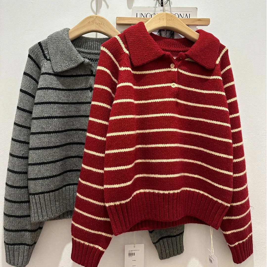 翻领毛针织衫套头针织女见外包装长袖女装条纹