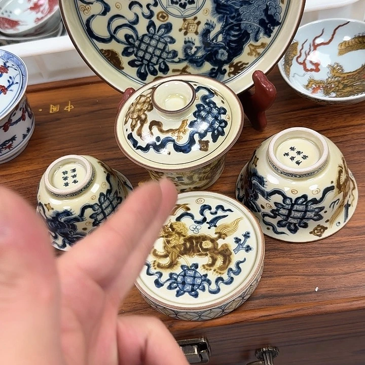 瓷片釉里金狮子5件套景德镇