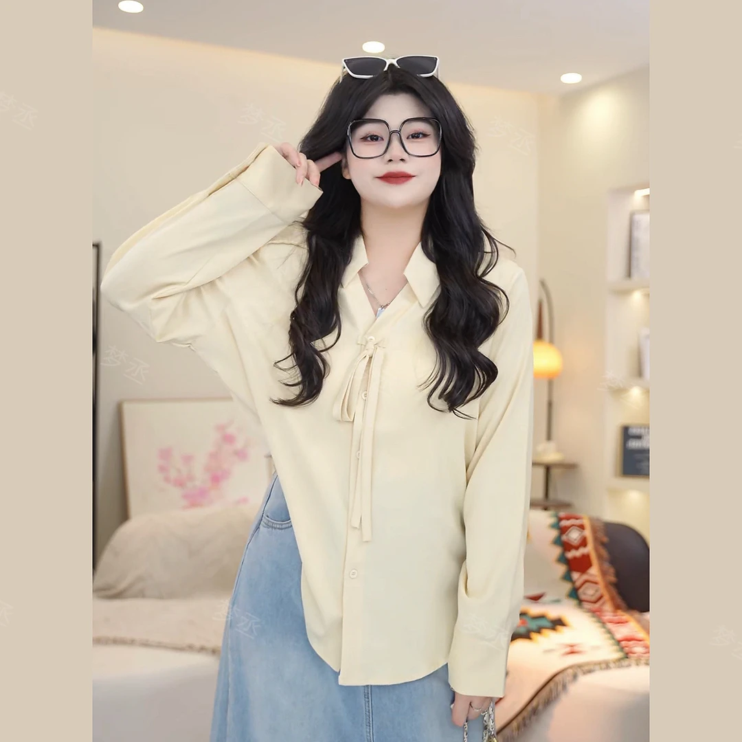 梦丞-显瘦系带冬季大码女装法式通勤高级感遮肉长袖衬衫上衣