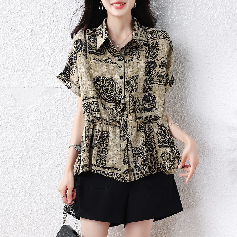 中老年大码女装短袖衬衫夏季洋气时尚百搭气质衬衫宽松遮肚子上衣