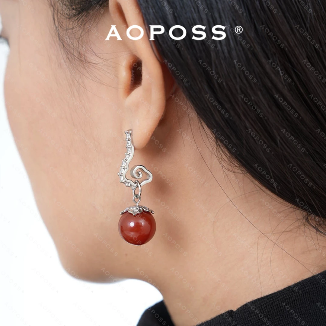 AOPOSS白姿 镀K金 [如意当头]耳钉耳夹女款原创设计红色如意耳坠