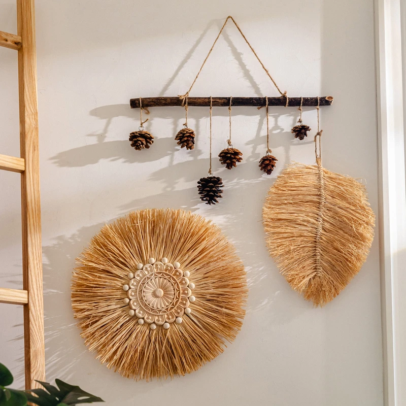 掬涵天然编织拉菲草壁饰北欧ins网红波西米民宿卧室背景墙面装饰