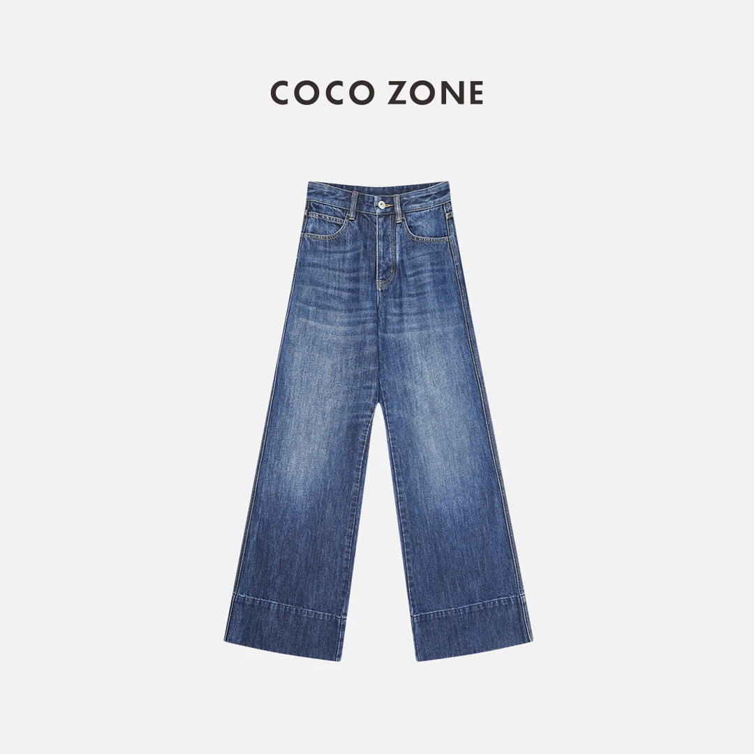 COCO ZONE 刘一一"保蝶牛仔裤"100棉微喇内拼接休闲长裤 24C10159
