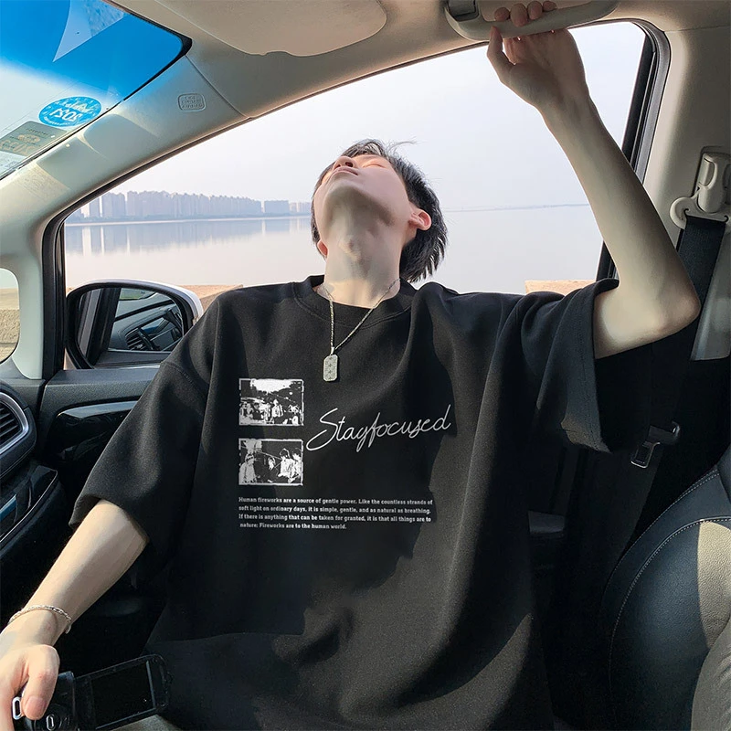 美式复古黑色纯棉重磅短袖恤男款夏季潮流潮牌宽松大码男生上衣