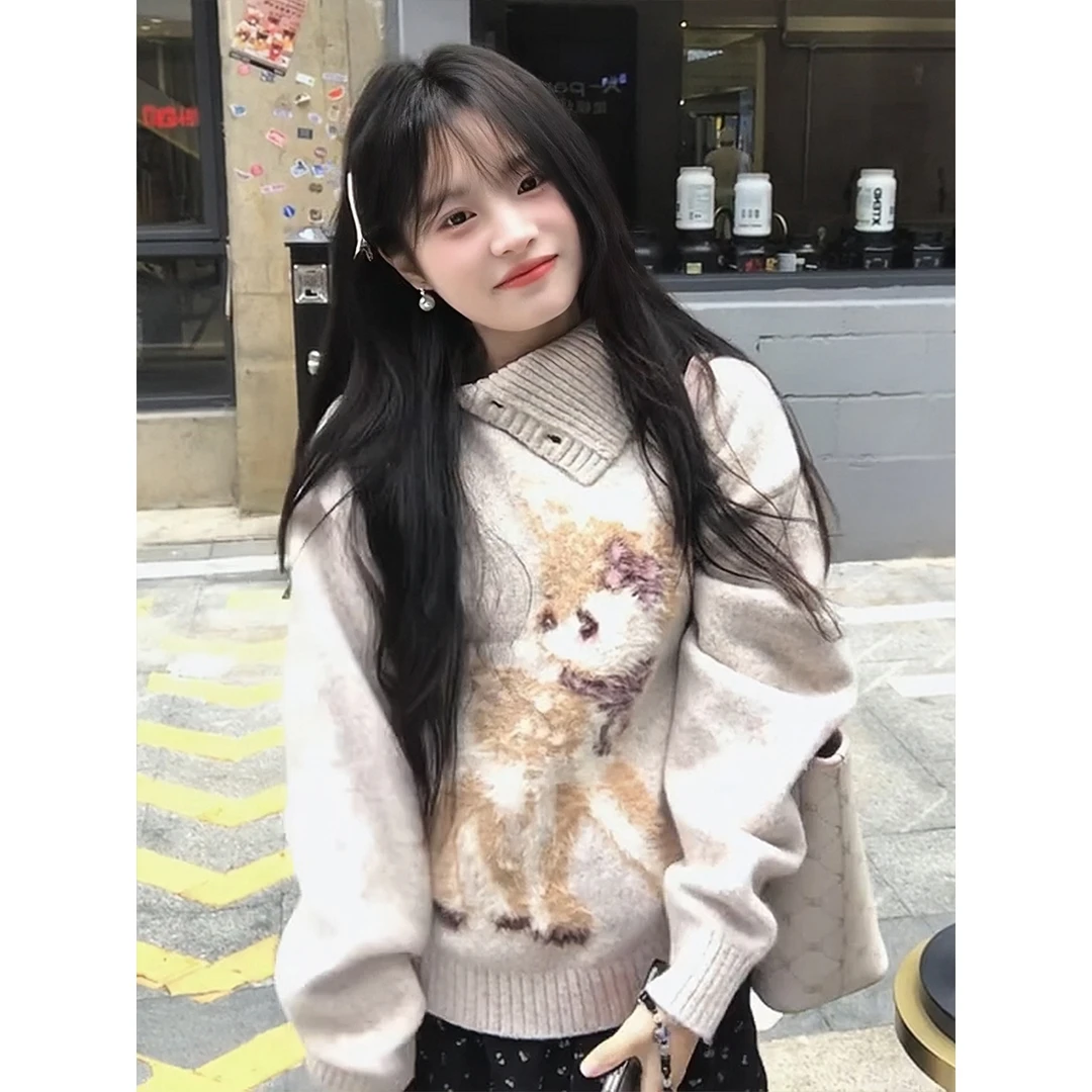 韩系高领毛衣女秋冬穿搭小鹿立体提花不规则针织衫慵懒风可爱上衣