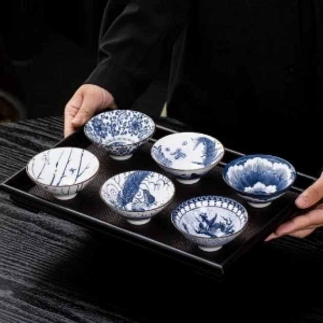TJ018-大号白瓷斗笠六杯（图案套装随机侘寂风）茶具家用