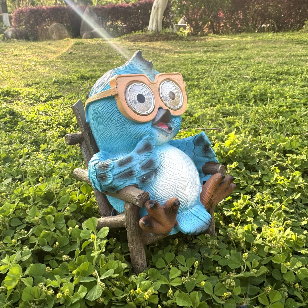 户外花园庭院蓝色猫头鹰躺椅太阳能可发光氛围灯小夜灯装饰品摆件