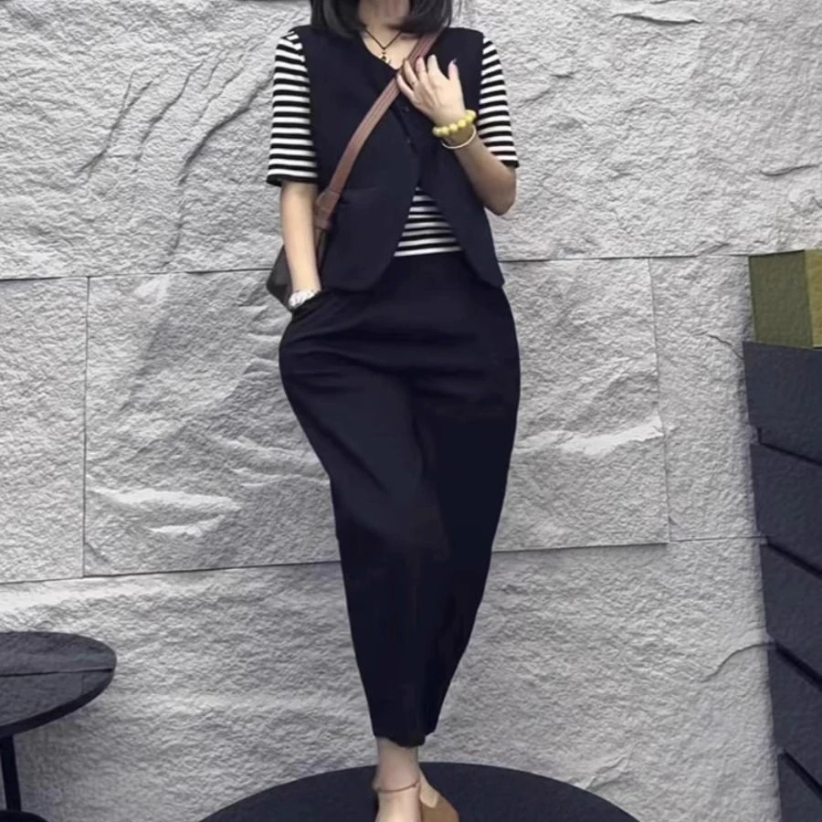 夏天穿搭时尚干练气质马甲宽松女款外穿短袖黑色洋气上衣女装