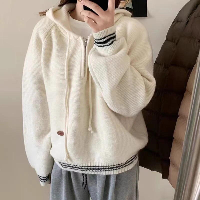 学院风半拉链连帽套头毛衣女宽松显瘦针织衫上衣K2533