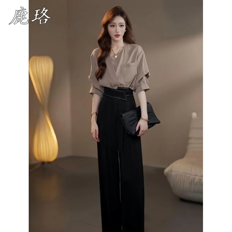 夏装搭配一整套女盐系轻熟设计感宽松显瘦上衣魔术贴阔腿裤两件套