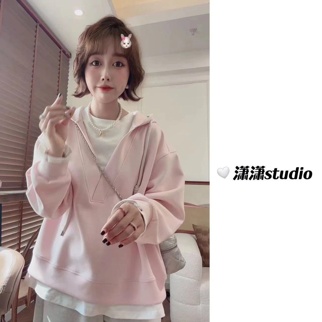 【假两件连帽卫衣】【面料超舒服】【显瘦】潇潇自制韩系连帽卫衣XA0011