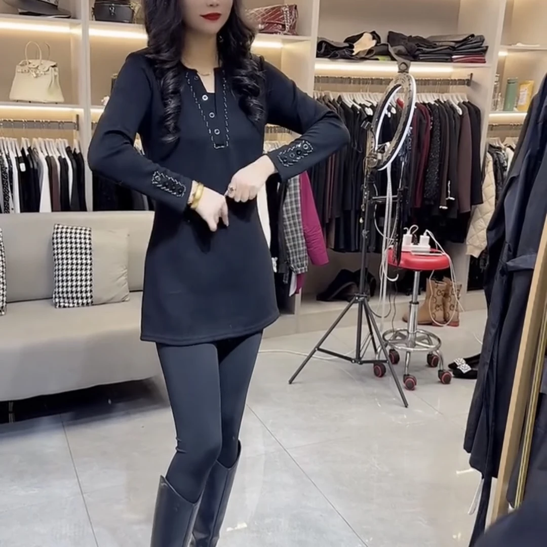 条纹针织中长款T恤女秋冬款遮臀修身显瘦弹力圆领遮肉打底衫
