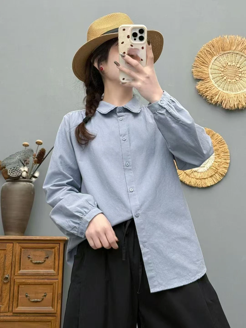 复古宽松长袖衬衫女春秋时尚打底上衣显瘦娃娃领设计感1008