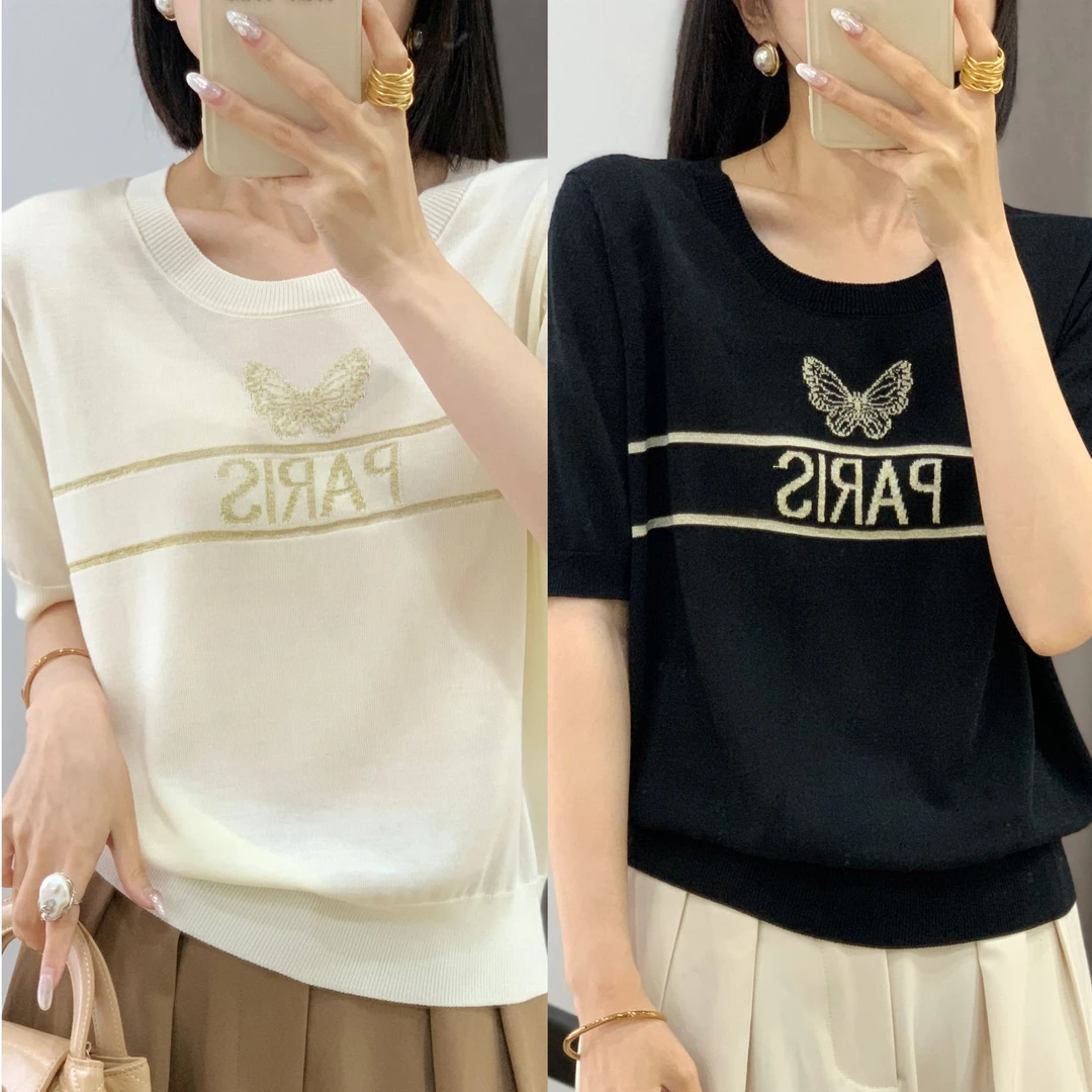【思思精选】夏季新款气质蝴蝶字母刺绣百搭高级感针织衫A033#
