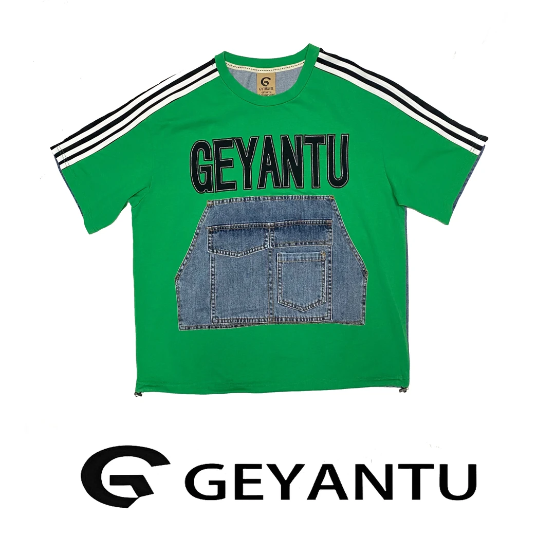 【GEYANTU】夏季新款712休闲时尚百搭纯棉拼接牛仔T恤复古