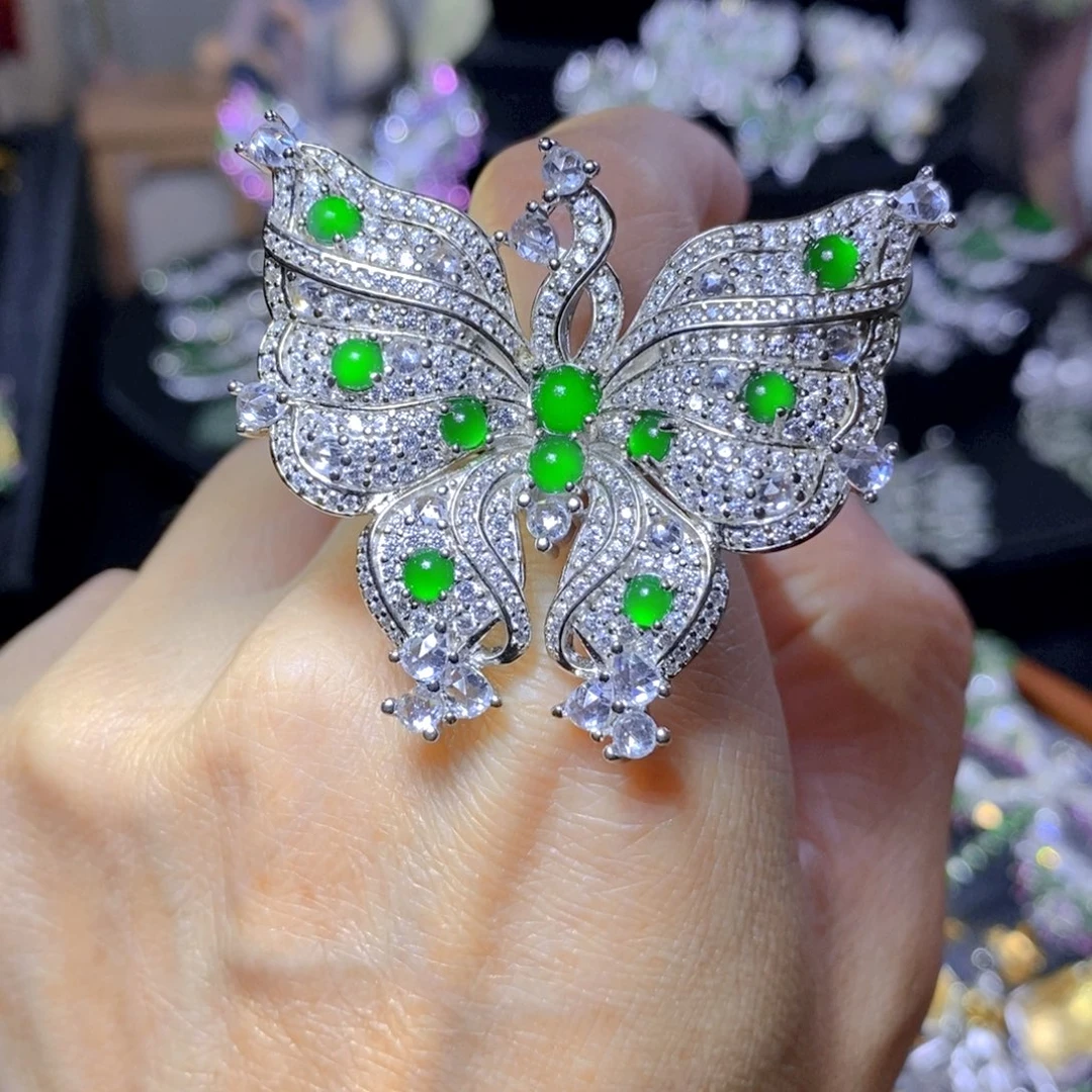 翡翠戒指银S925镶嵌天然翡翠