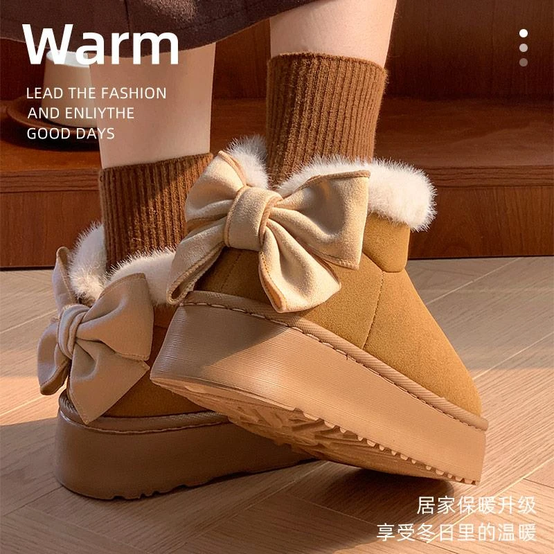 蝴蝶结棉鞋女新款可外穿冬季小香风棉拖鞋厚底增高加绒雪地靴百搭