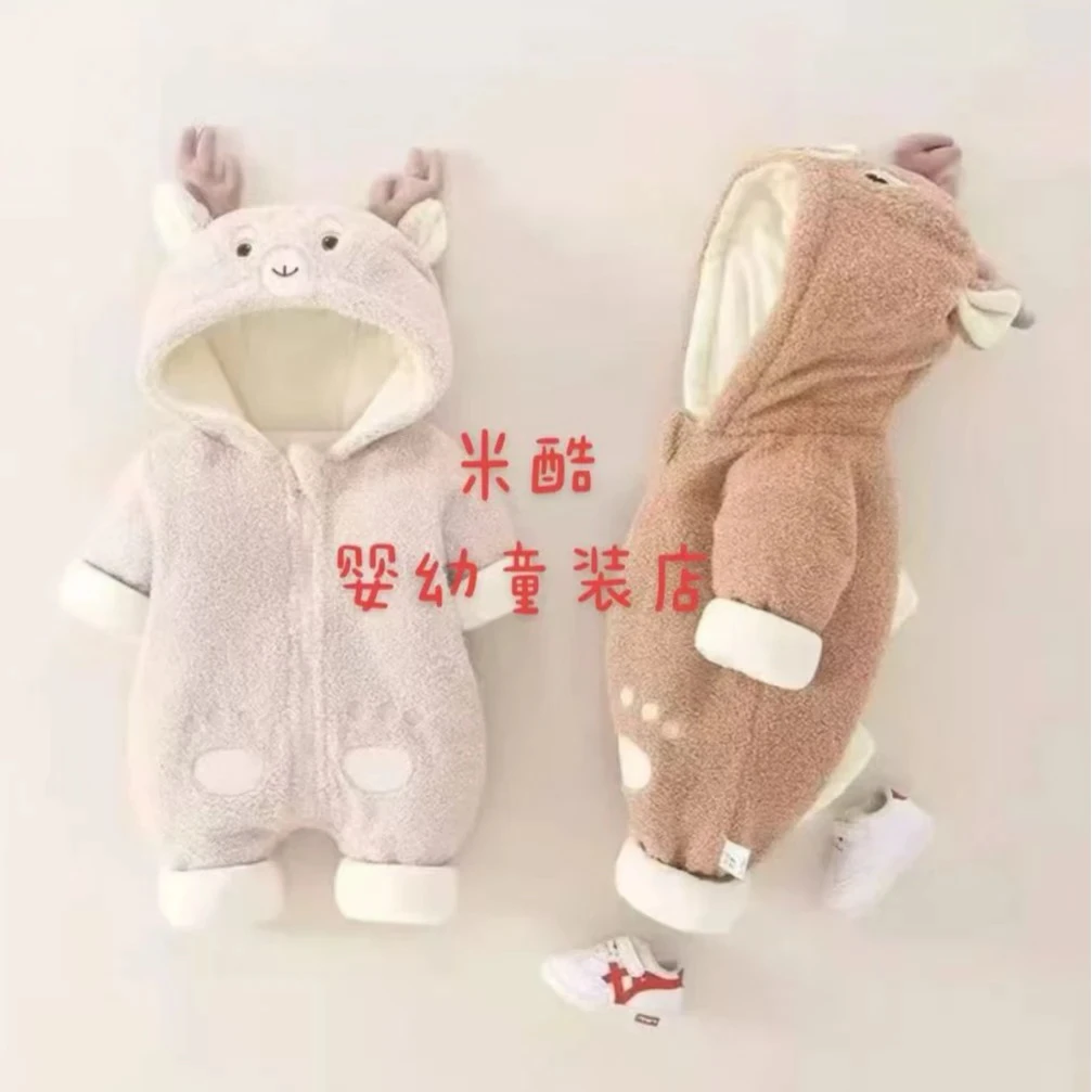 婴儿连体加绒爬服冬季加厚保暖哈衣宝宝外出服秋冬连帽抱衣