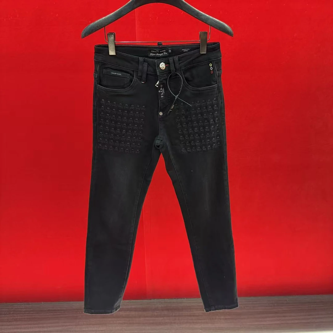 FLD定制25秋冬季时尚休闲潮流修身高级百搭骷髅头男士黑色牛仔裤