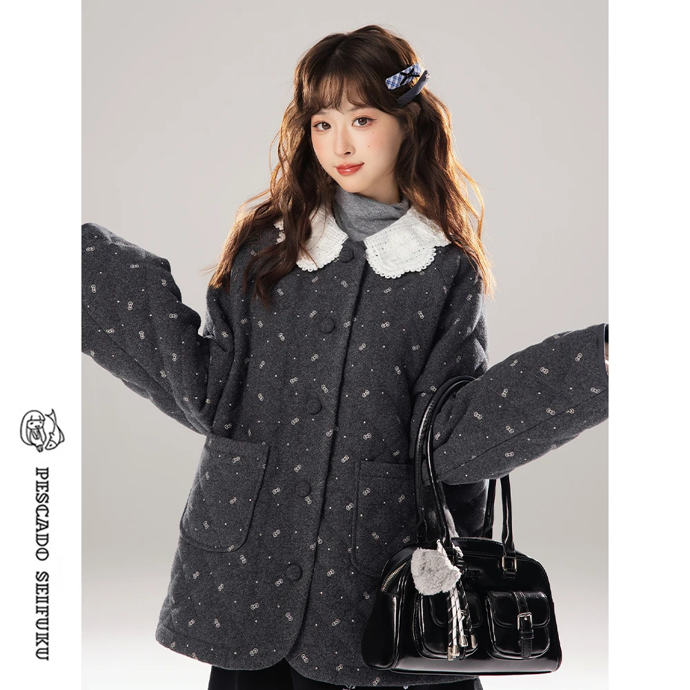 甜鱼少盐花瓣领薄款棉服女秋冬小个子外套棉衣